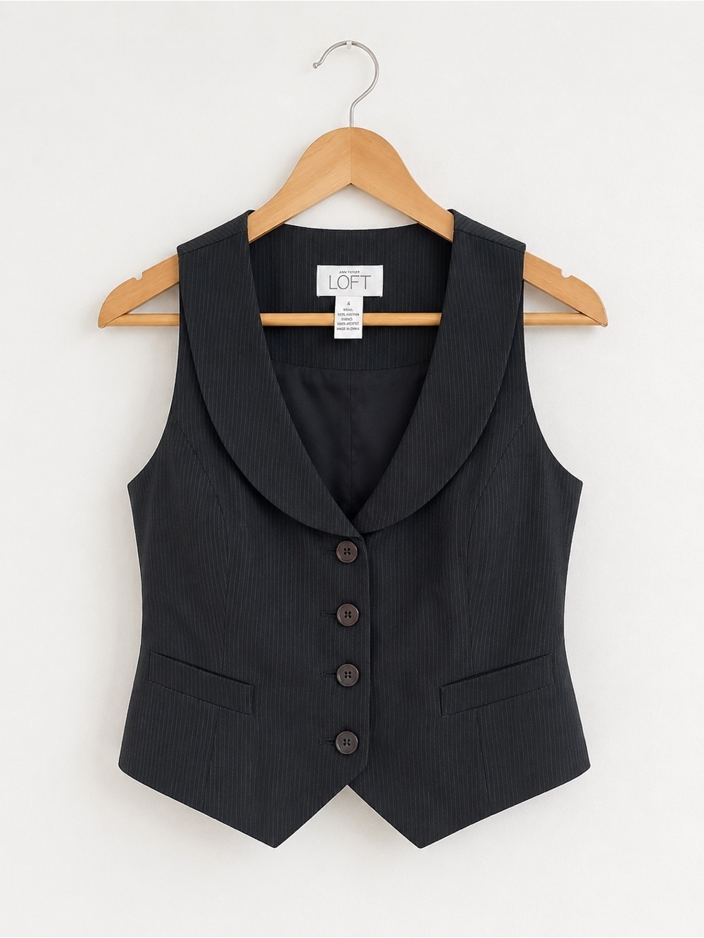 LOFT Black Pinstripe Vest Size 4 Dark Academia Office Siren Tailored Waistcoat